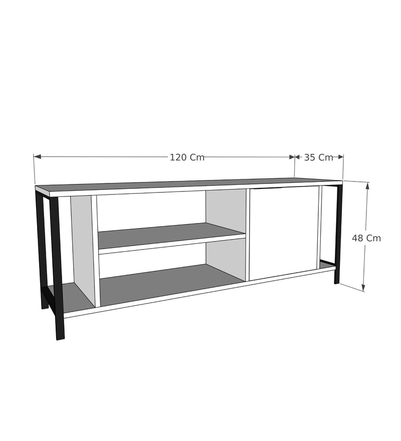 Porta tv soggiorno con anta e ripiani in legno bianco e metallo cm 120x35x48h