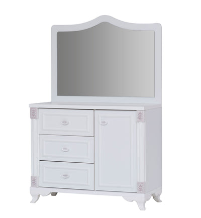Mobile da camera con specchio classico in legno bianco decorazioni in rilievo cm 91x43x144h