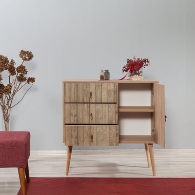 Mobile soggiorno con anta e cassetti in legno colore quercia cm 90x40x90h