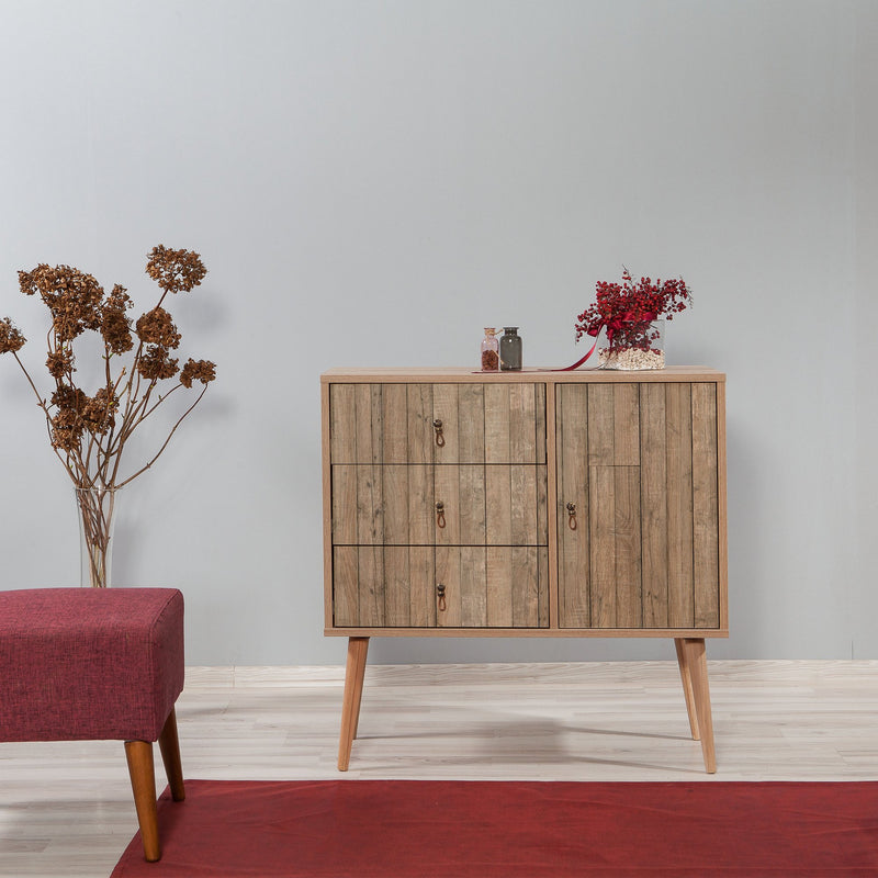 Mobile soggiorno con anta e cassetti in legno colore quercia cm 90x40x90h