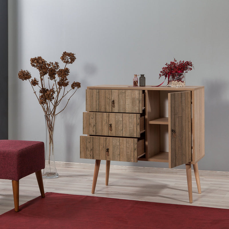 Mobile soggiorno con anta e cassetti in legno colore quercia cm 90x40x90h