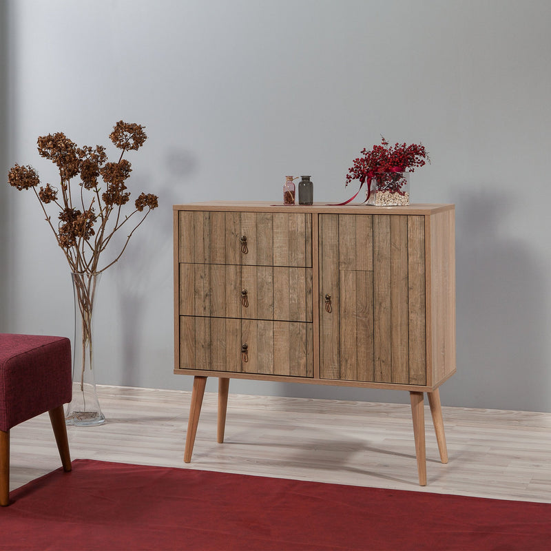 mobile soggiorno salotto con anta e 3 cassetti in legno colore quercia 