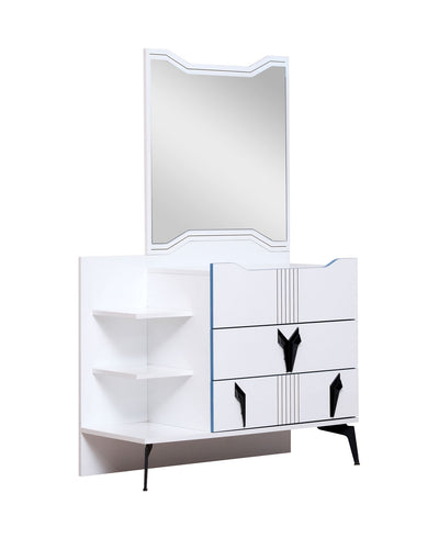 mobile da camera 3 cassetti e ripiani con specchio in legno bianco e blu