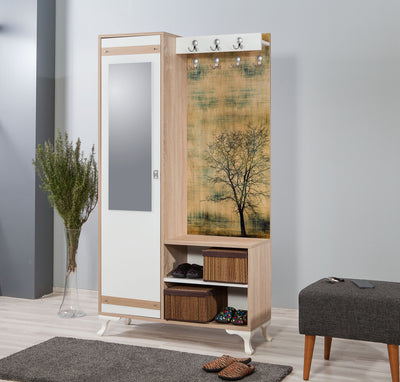 mobile zona ingresso con appendiabiti armadietto con specchio e ripiani decorato con albero 