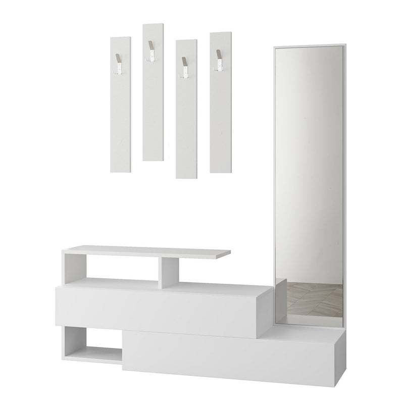 Mobile alto da ingresso con specchio appendiabiti e mobile basso bianco cm 137x35x154h