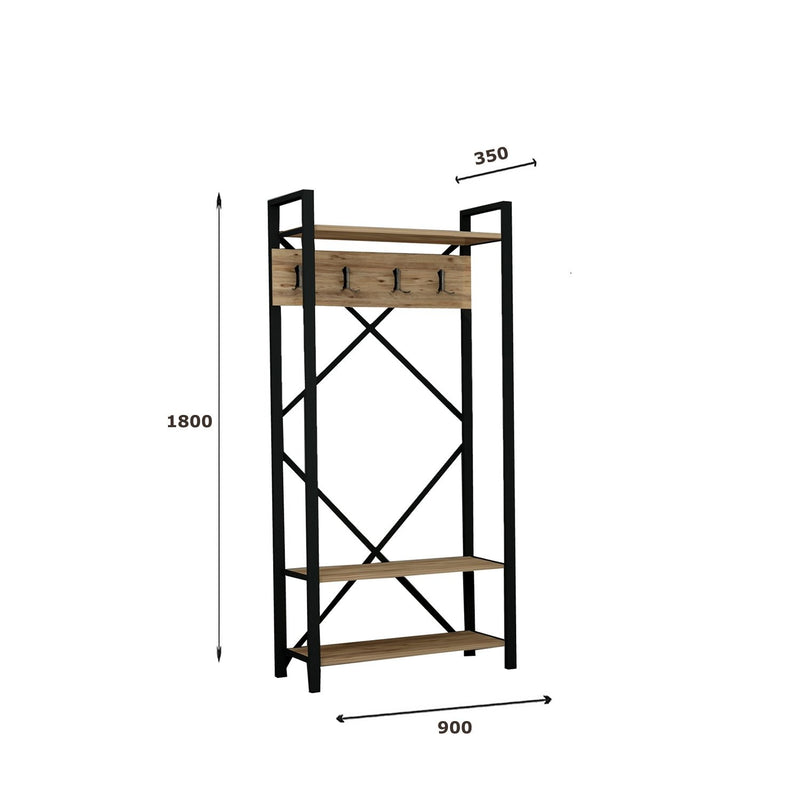 Mobile ingresso con appendiabiti e ripiani in legno e metallo cm 90x35x180h