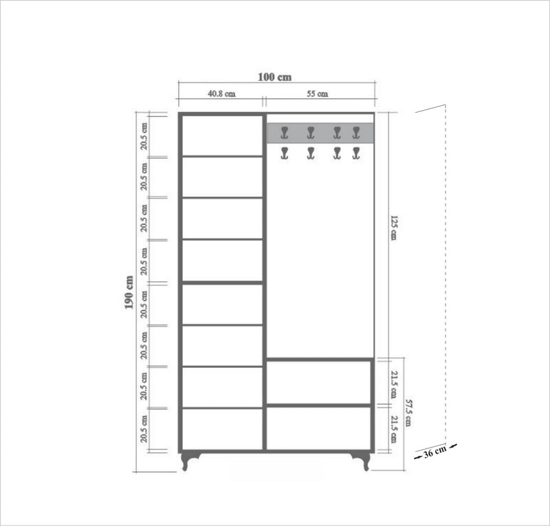 Mobile ingresso con appendiabiti e armadietto con specchio bianco e quercia cm 100x36x190h