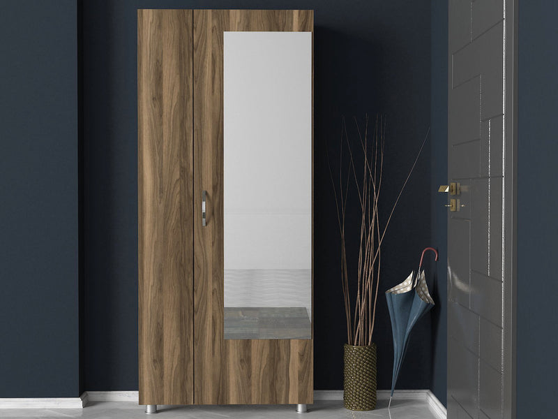 Mobile ingresso anta con specchio e scaffale in legno colore noce cm 80x28x185h