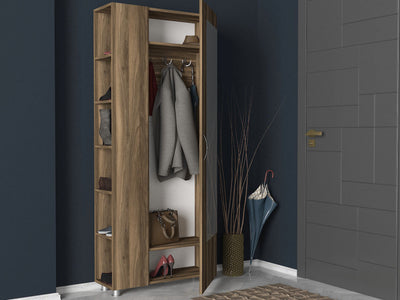 Mobile ingresso anta con specchio e scaffale in legno colore noce cm 80x28x185h