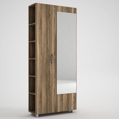 Mobile ingresso anta con specchio e scaffale in legno colore noce cm 80x28x185h