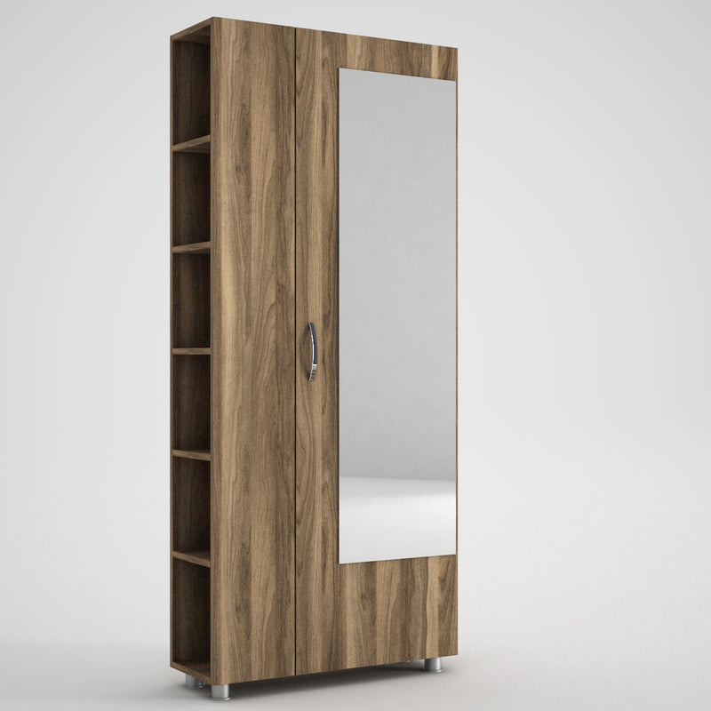 Mobile ingresso anta con specchio e scaffale in legno colore noce cm 80x28x185h