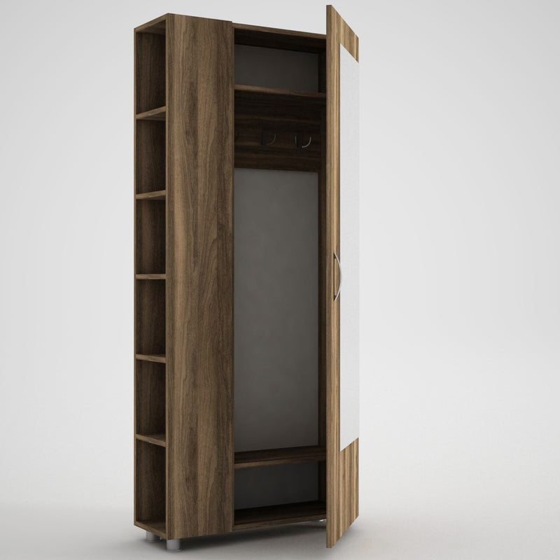 Mobile ingresso anta con specchio e scaffale in legno colore noce cm 80x28x185h
