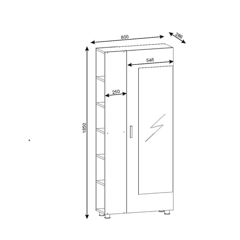 Mobile ingresso anta con specchio e scaffale in legno colore noce cm 80x28x185h