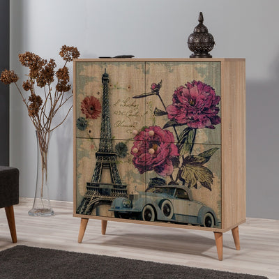 mobile 4 ante mulituso ripiani interni in elgno colore quercia decorazioni vintage modello Parigi