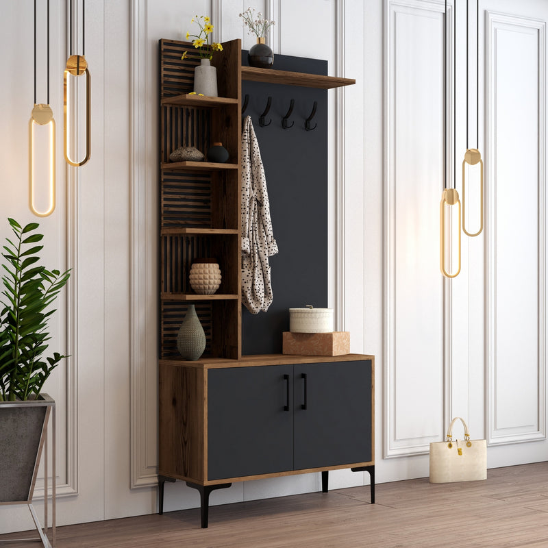 Mobile ingresso con vani appendiabiti e ripiani colore noce e antracite cm 90x35x200h
