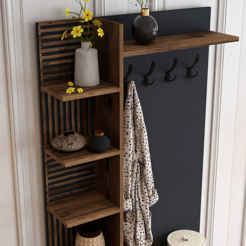 Mobile ingresso con vani appendiabiti e ripiani colore noce e antracite cm 90x35x200h