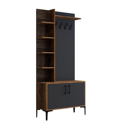 Mobile ingresso con vani appendiabiti e ripiani colore noce e antracite cm 90x35x200h