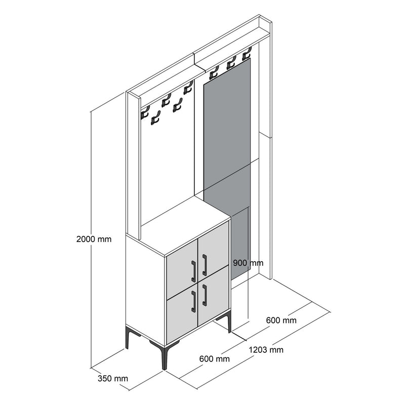 Mobile appendiabiti da ingresso moderno con specchio colore bianco cm 120x35x200h