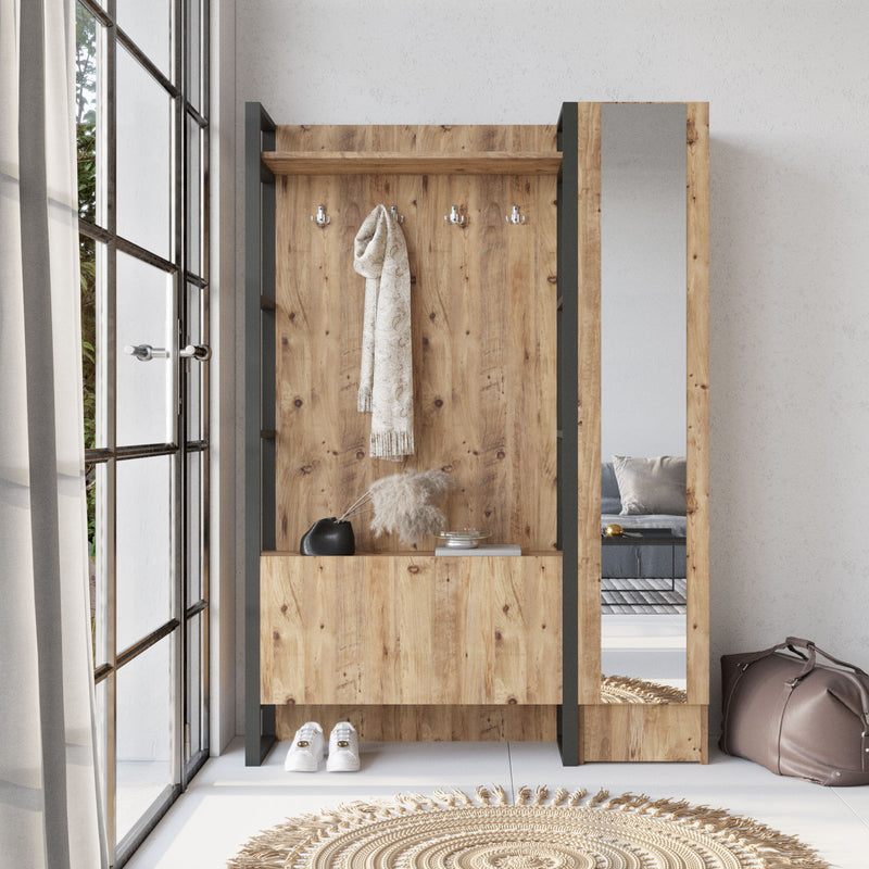 Mobile da ingresso industrial con appendiabiti anta ed armadietto con specchio cm 125x36x180h