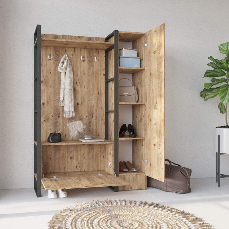 Mobile da ingresso industrial con appendiabiti anta ed armadietto con specchio cm 125x36x180h