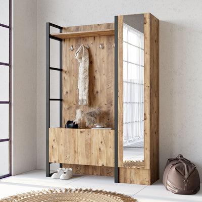 mobile da ingresso in legno finitura naturale e metallo con appendiabiti armadietto 1 anta e anta a ribalta stile industriale