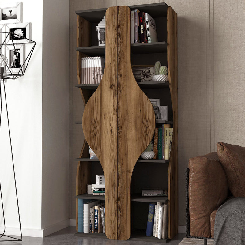 libreria design in legno noce e antracite 12 vani struttura con profili sinuosi