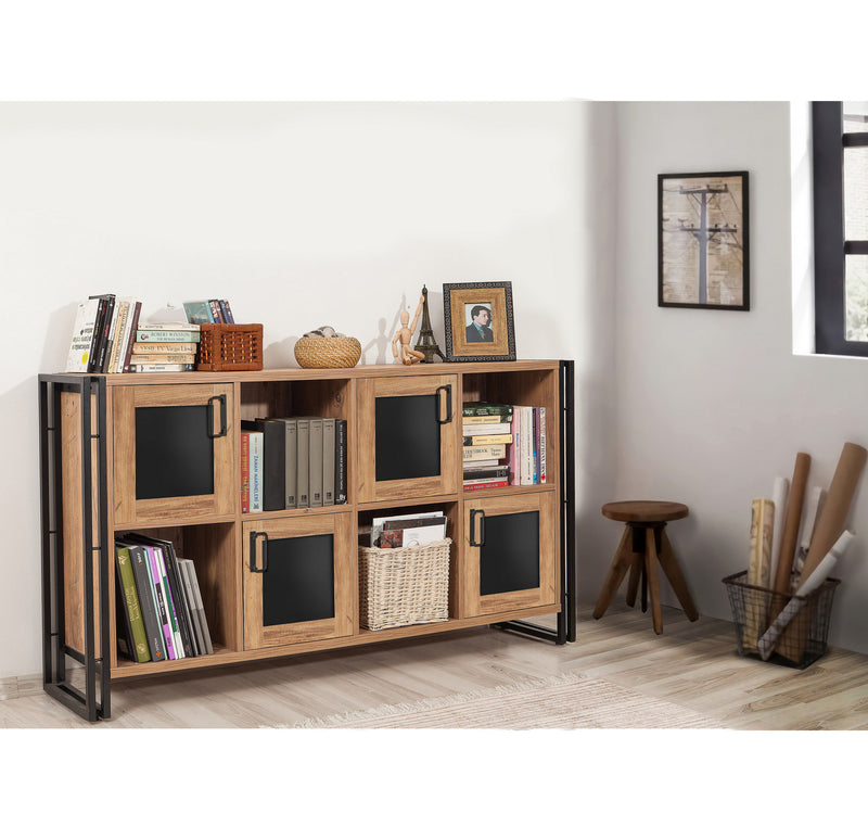 mobile libreria bassa con 4 ante e 4 vani in legno  naturale e nero