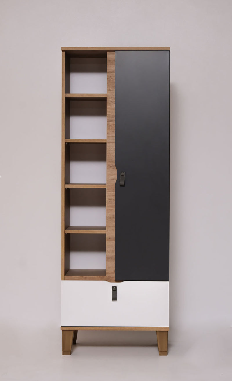 mobile alto a colonna libreria con anta vani e cassetto moderno in legno rovere bianco e natracite