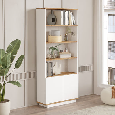 Mobile libreria con 4 ripiani e 2 ante bianco e naturale cm 77x26x168h