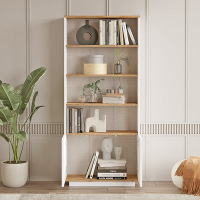 Mobile libreria con 4 ripiani e 2 ante bianco e naturale cm 77x26x168h