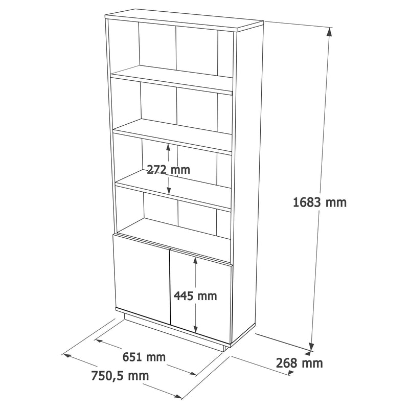 Mobile libreria con 4 ripiani e 2 ante bianco e naturale cm 77x26x168h