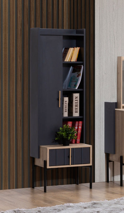 Mobile a colonna libreria con anta e vani in legno quercia e antracite cm 53x46x164h