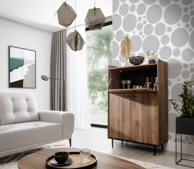Credenza alta living 3 ante colore rovere scuro gambe in metallo cm 90x40x140h