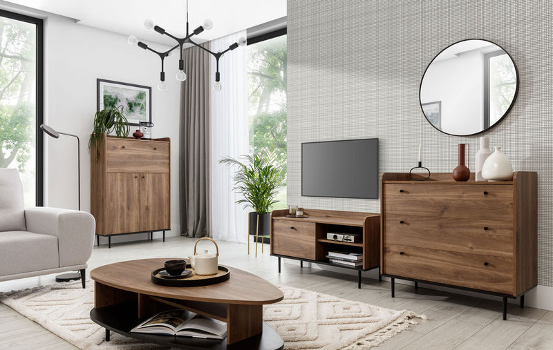 Credenza alta living 3 ante colore rovere scuro gambe in metallo cm 90x40x140h