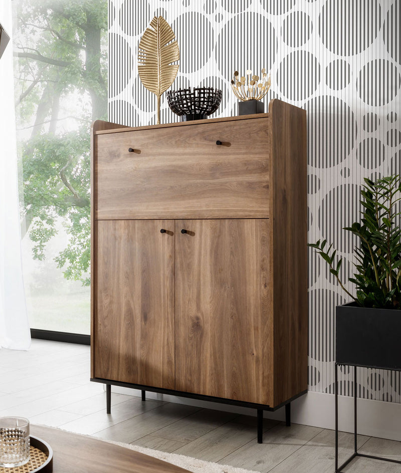 credenza alta mobile con anta a ribalta e 2 ante semplici in legno colore rovere scuro gambe in metallo