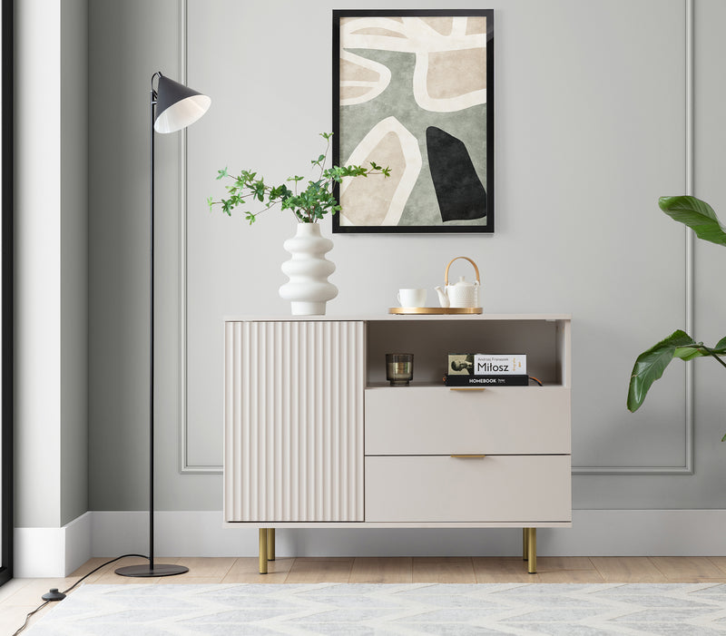 credenza piccola cm 100 con anta 2 cassetti e vano in legno colore cashmere gambe e maniglie in metallo dorato