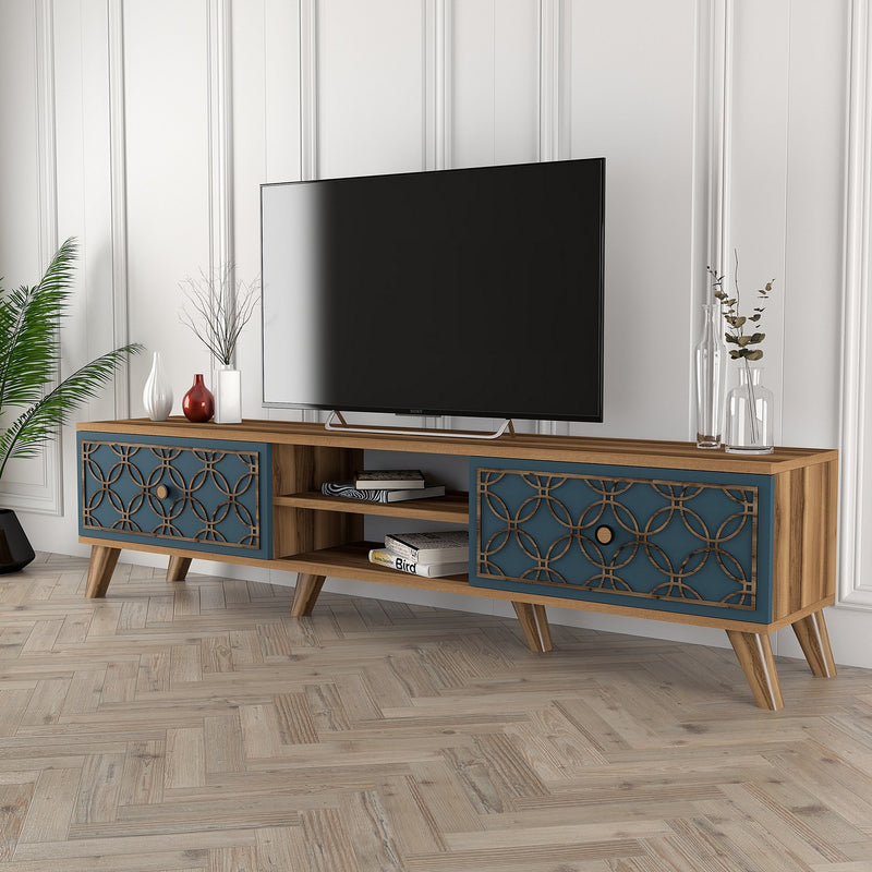 Mobile basso porta tv in legno noce 2 ante decorate ad intaglio cm 180x35x44h