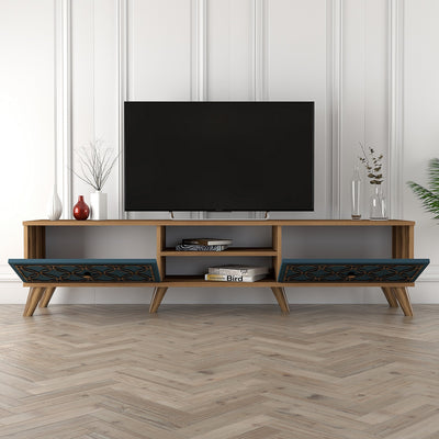 Mobile basso porta tv in legno noce 2 ante decorate ad intaglio cm 180x35x44h