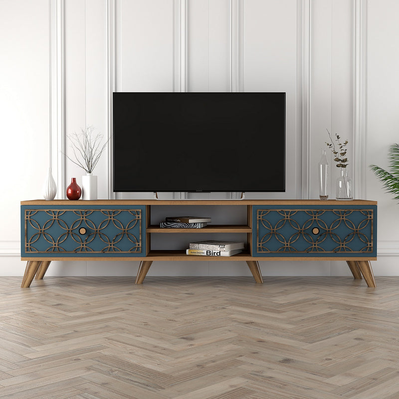 Mobile basso porta tv in legno noce 2 ante decorate ad intaglio cm 180x35x44h