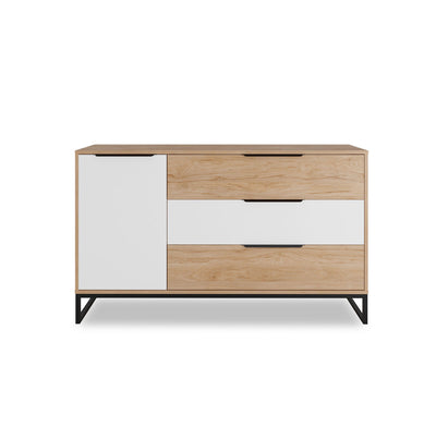 Mobile salotto con 3 cassetti e anta bianco e noce base in metallo cm 135x40x80h