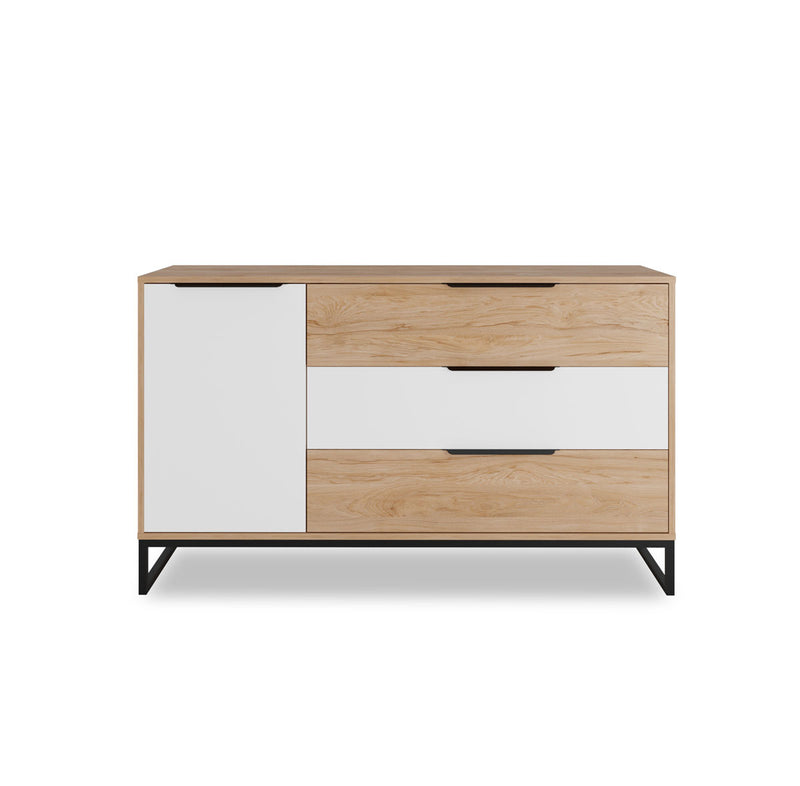 Mobile salotto con 3 cassetti e anta bianco e noce base in metallo cm 135x40x80h