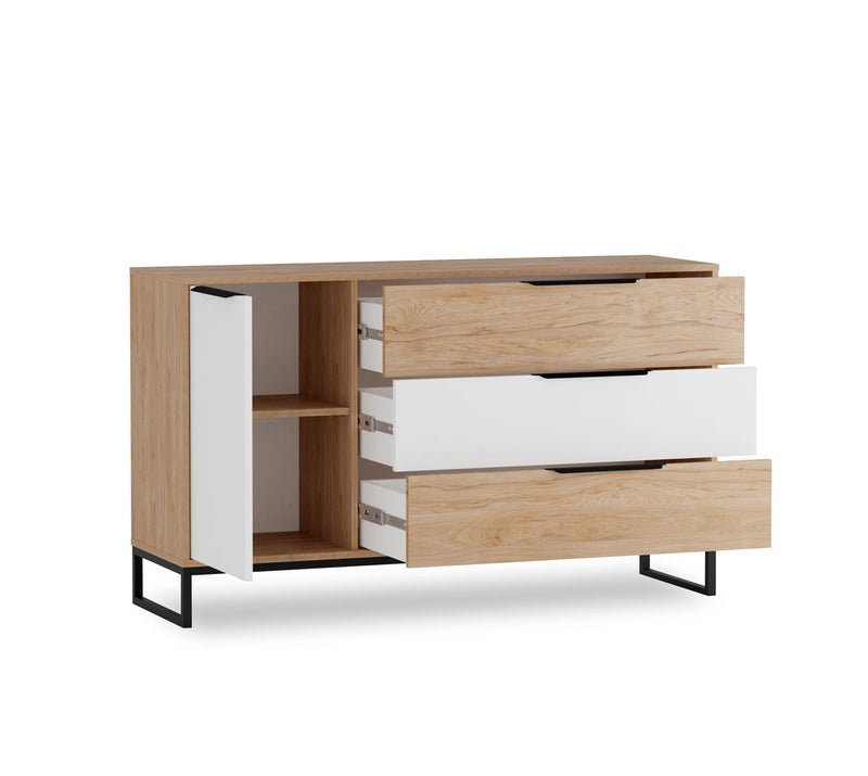 Mobile salotto con 3 cassetti e anta bianco e noce base in metallo cm 135x40x80h