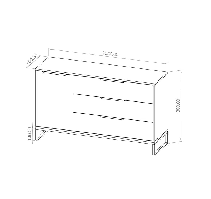 Mobile salotto con 3 cassetti e anta bianco e noce base in metallo cm 135x40x80h