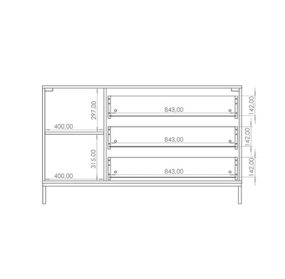 Mobile salotto con 3 cassetti e anta bianco e noce base in metallo cm 135x40x80h