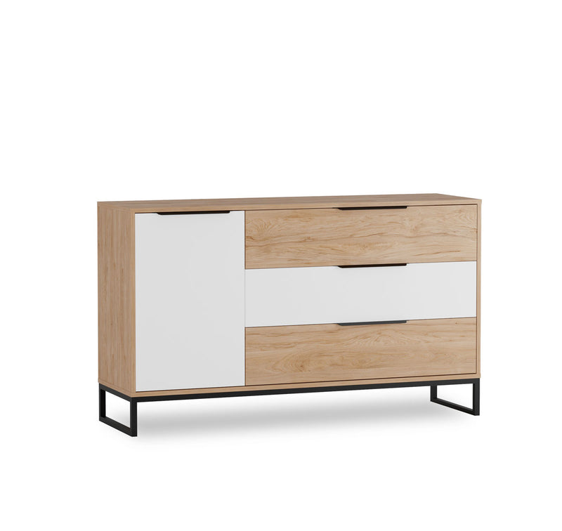 Mobile salotto con 3 cassetti e anta bianco e noce base in metallo cm 135x40x80h