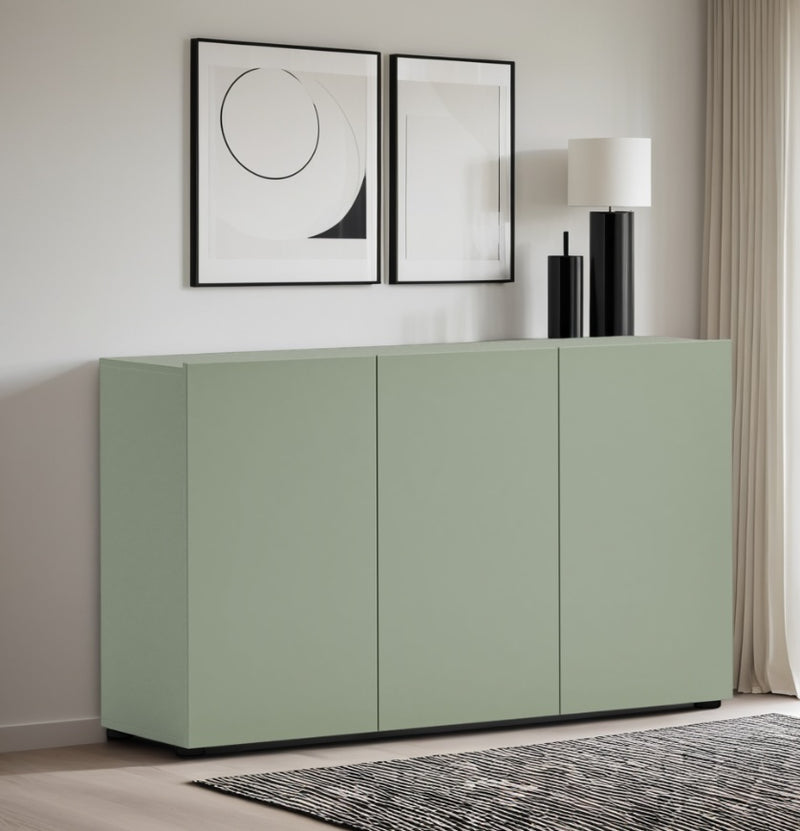 Madia moderna 3 ante in legno laccato opaco verde salvia cm 135x38x79h