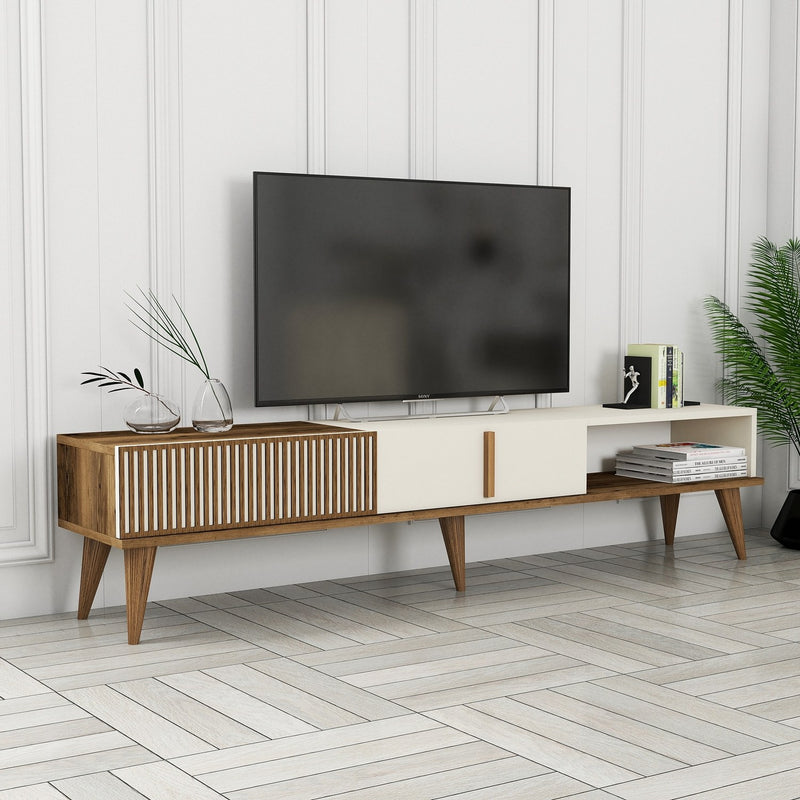 Mobile porta tv lungo in legno 2 ante e vano colore bianco e noce cm 180x35x40h