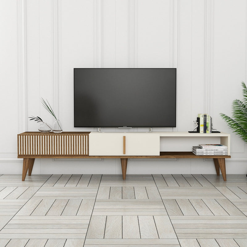 mobile basso tv lungo cm 180 in legno colore noce e bianco con 2 ante e vano