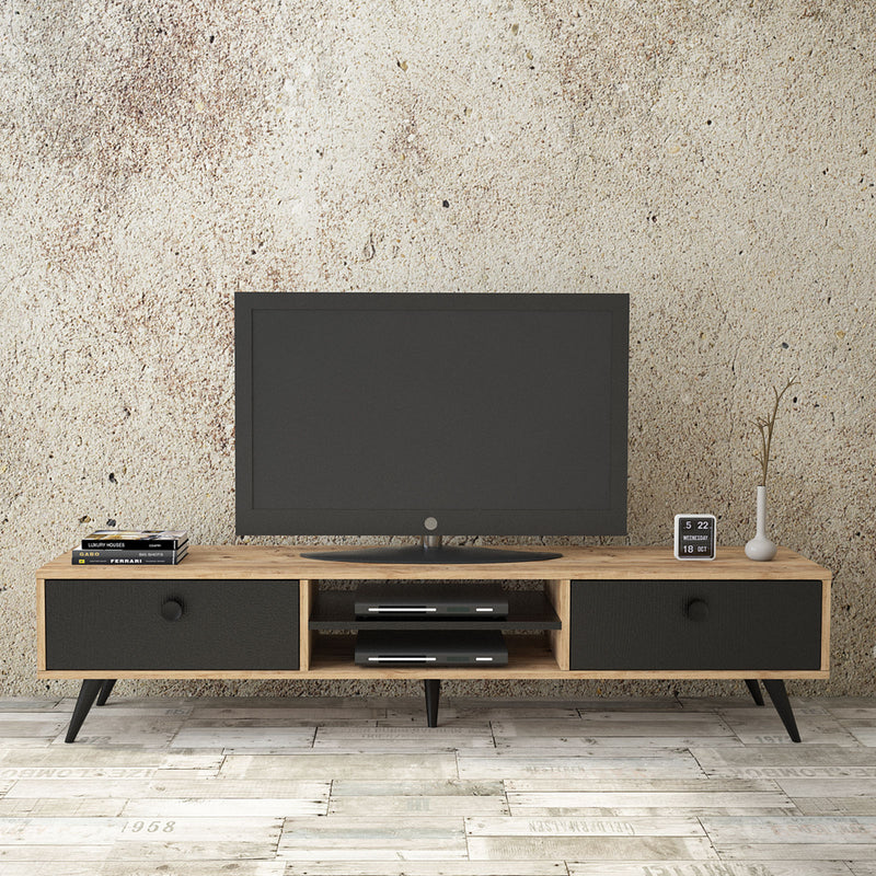 Mobile porta TV in stile moderno in legno 2 cassetti laterali 2 vani a giorno centrali, colori pino atlantico opaco e nero opaco effetto ruvido. Dimensioni cm 175x40x39h