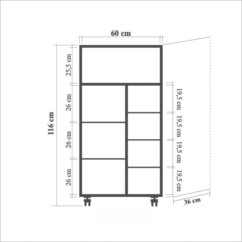 Mobiletto da cucina 3 ante con ruote in legno decorato cm 60x36x116h